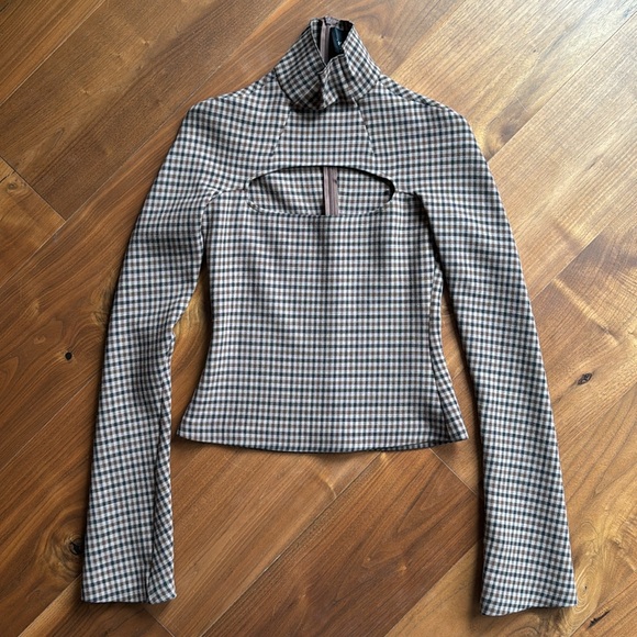 A.W.A.K.E. MODE / NEW / Cutout Checked Jersey Turtleneck Flared Sleeve Top / 0 - Picture 4 of 10